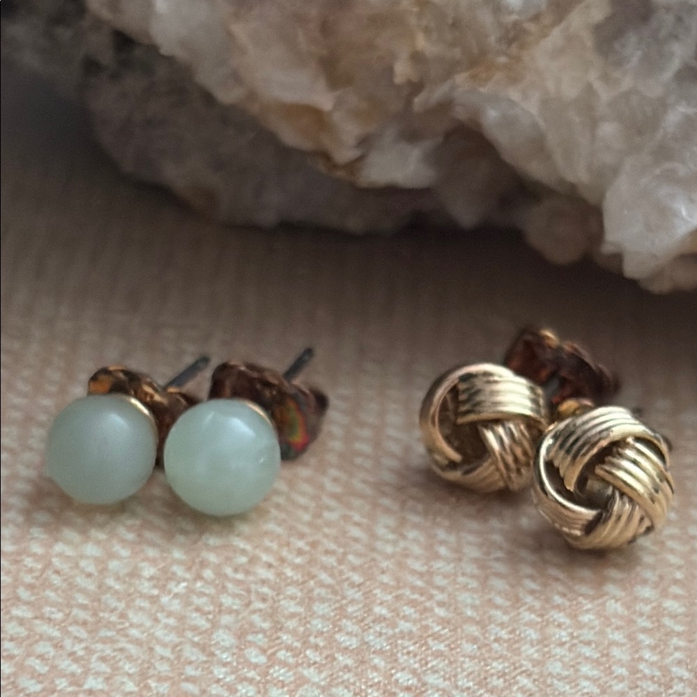 Vintage 90s Avon Genuine Jade Studs & Gold Love Knot Earrings Set NIB Gift 38